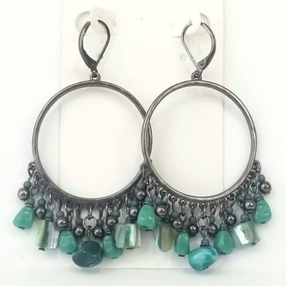 Gemstone Dangle Drop Hoop Earrings Blue Green MOP Gun Metal Gray Leverback